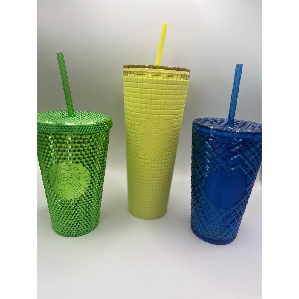 Starbucks Tumbler Set 3pc Studded Grid Diamond Green Yellow Blue 24oz 16oz Cup